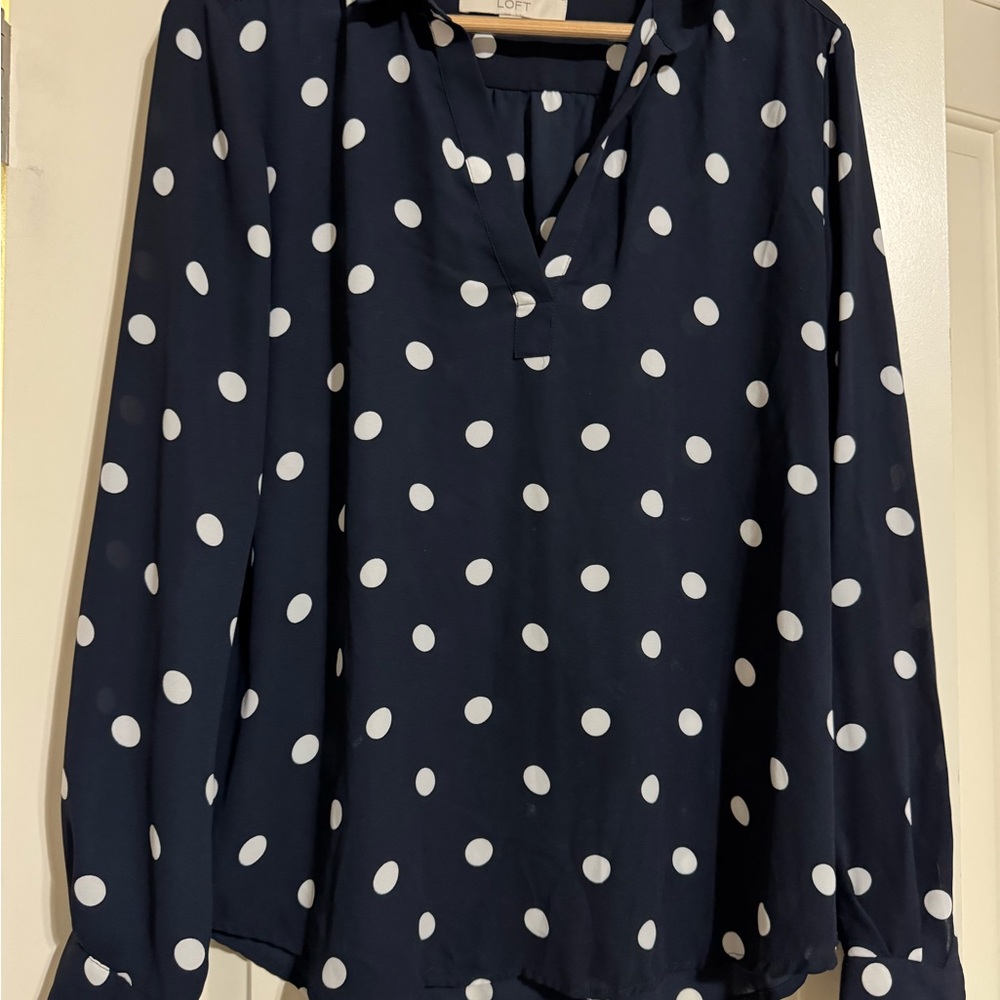LOFT Navy and White Polka Dot Blouse